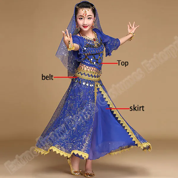 Royal blue-3pcs Болливуд танцевальные костюмы набор детей Индийский танец живота девушки представление(головные уборы вуаль Топ Пояс юбка ожерелье серьги - Цвет: Royal blue-3pcs