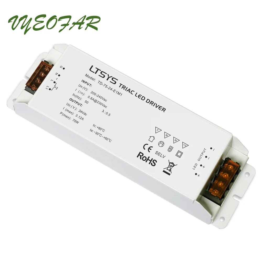 Светодиодный драйвер Triac с регулируемой яркостью TD-75-12/24-E1M1 Светодиодный драйвер питания Triac 200-240 В вход, выход 75 Вт постоянное напряжение Triac Push Dim