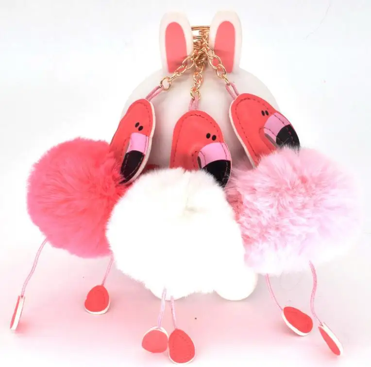

Hawaiian cocktail Wedding Party Favors Flamingo Keychain Fluffy Artificial Rabbit Fur Ball Key Chain Women Car Bag Key Ring gift