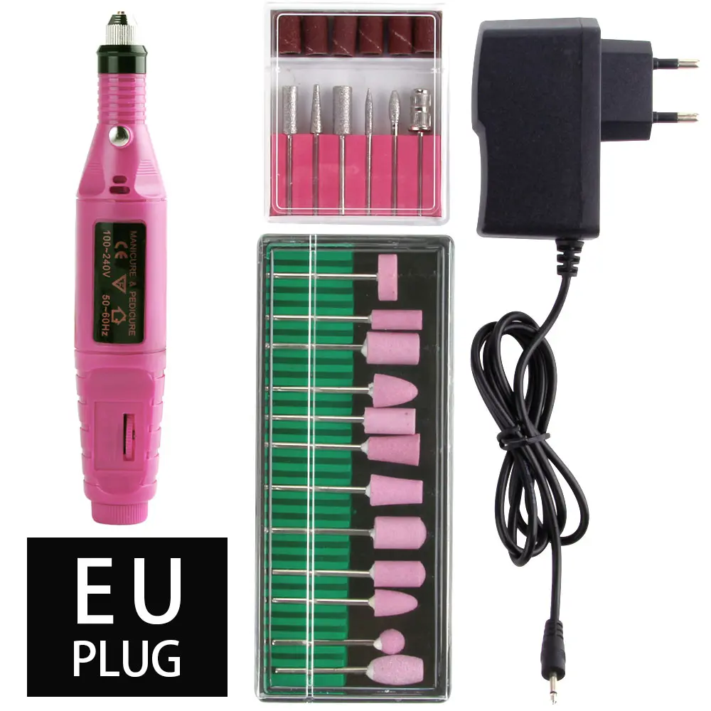 Pink EU Plug 1 Набор мощная профессиональная электрическая дрель для ногтей, маникюрные инструменты, набор керамических сверл, роторные заусенцы, мельница для кутикулы, напильник - Цвет: Pink EU Plug