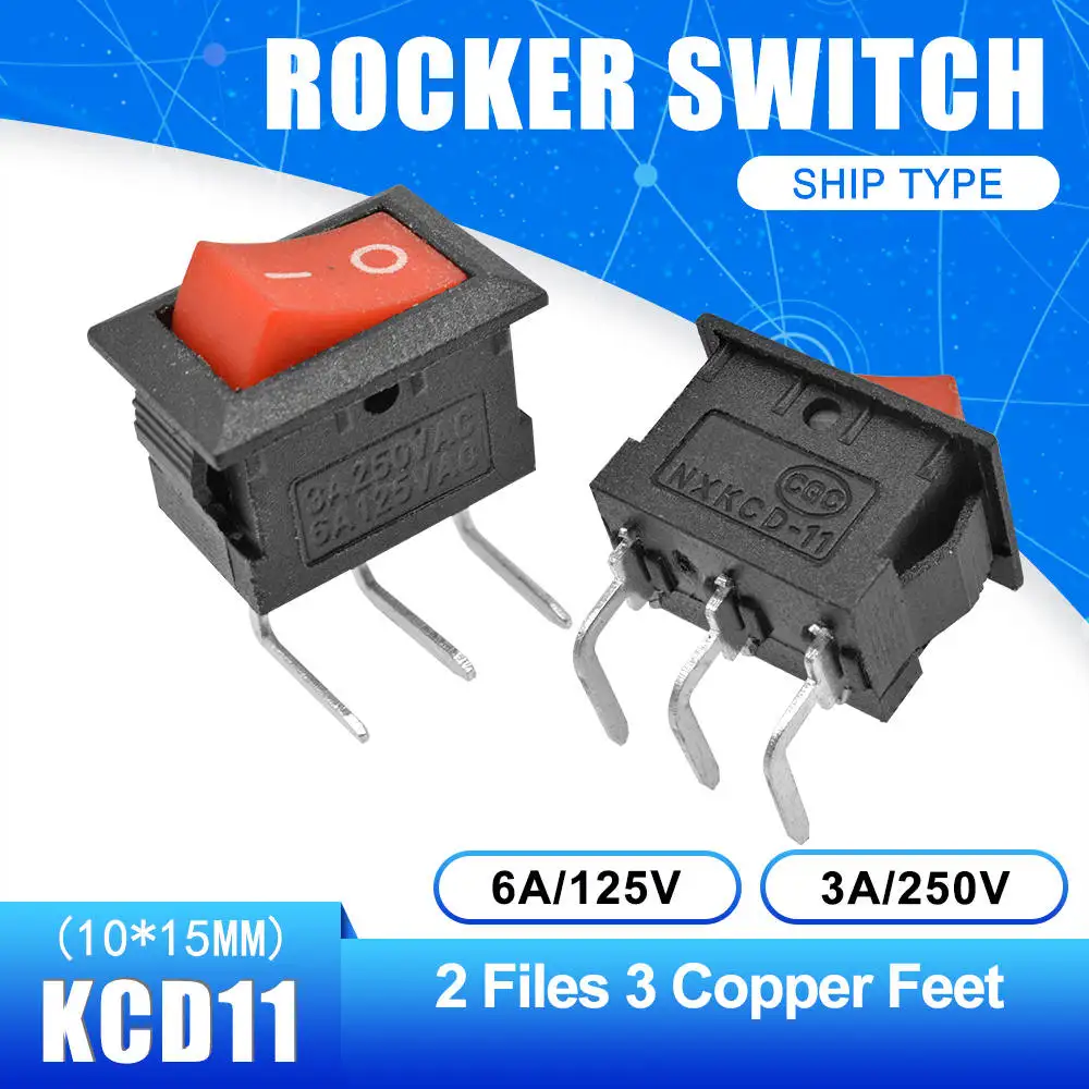 On-Off 3 Pin 5 шт. KCD11 2pin 3Pin ВКЛ-ВЫКЛ 3A 250 в 10*15 мм маленький перекидной Клавишный Выключатель 10x15 защелкивающийся выключатель питания белый красный и черный вкл.-ВЫКЛ - Цвет: On-Off 3 Pin