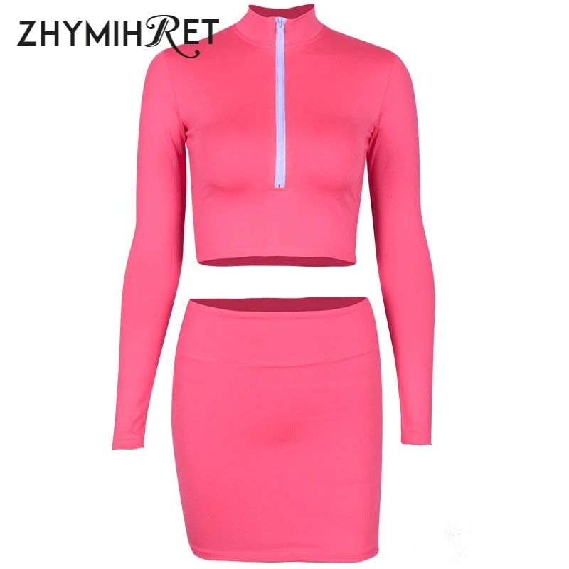 

Женский костюм ZHYMIHRET, Осенний неоновый комплект из двух предметов, платье на молнии с длинным рукавом, 2018 юбка-карандаш, Короткие топы с вырезом спереди