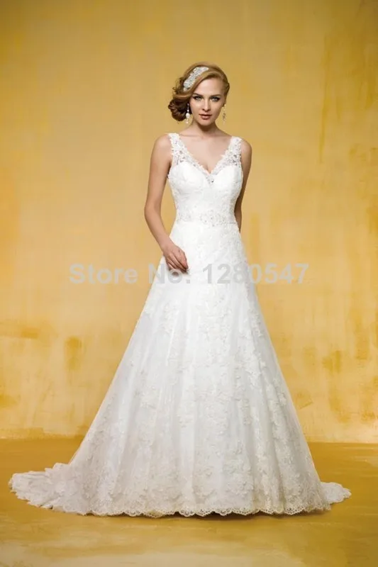 Free shipping2014 V-neck Sheer Straps A-line Sexy Backless Belts Lace Pregnant Wedding Dress long train Princess 2 4 6 8 10 12 1 | Свадьбы и