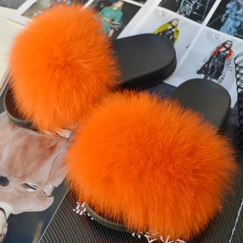 orange Женские тапочки из натурального Лисьего меха; милые летние пушистые туфли с натуральным лисьим мехом; Роскошные брендовые сандалии на плоской подошве с натуральным лисьим мехом - Цвет: orange