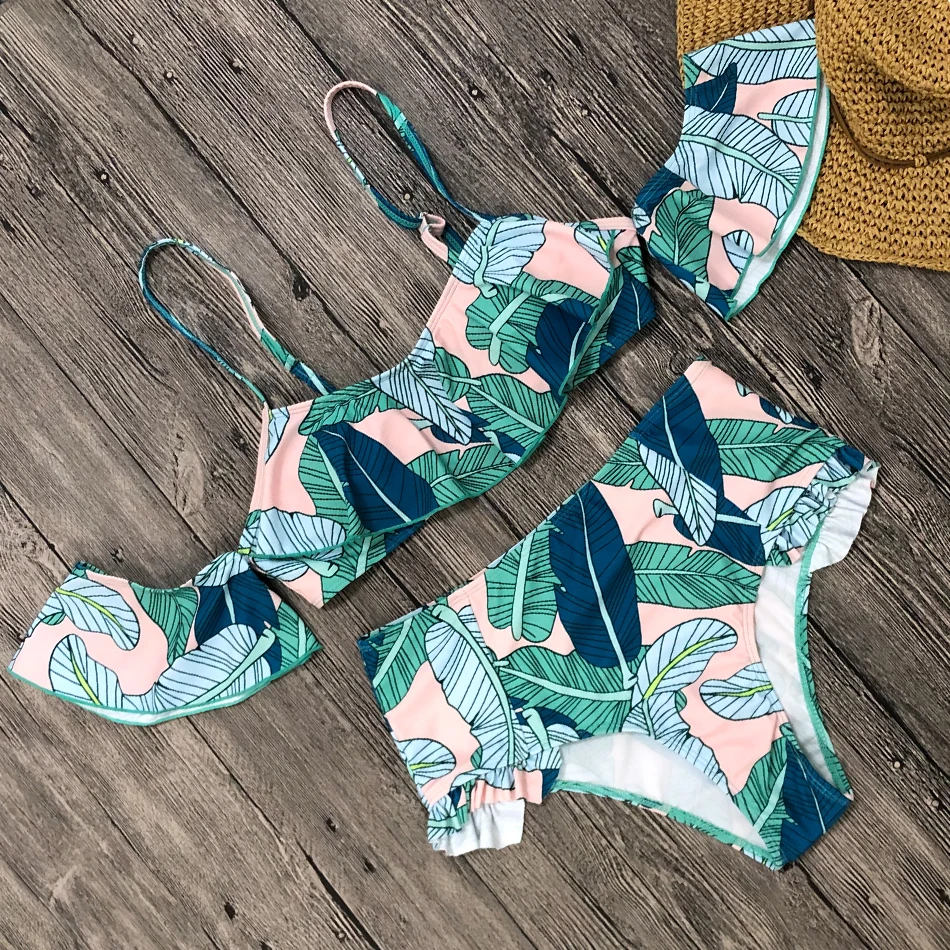 Женский комплект бикини с рюшами 2019 высокой талией принтом листьев летний