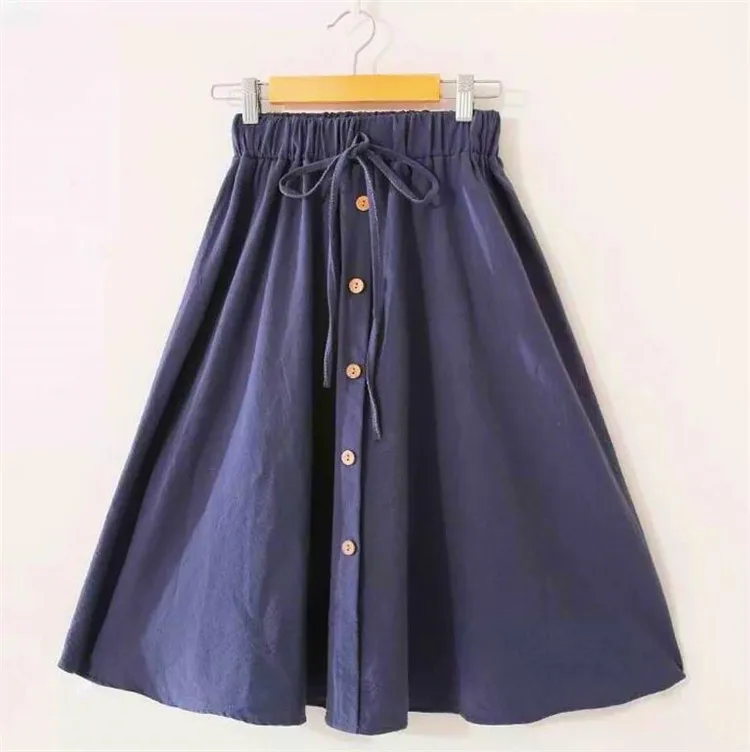 navy blue Хлопковая льняная юбка с бантом, высокая талия, трапециевидные юбки для женщин, лето, Новое поступление, одноцветная юбка на одной пуговице размера плюс, 5XL, 6XL, 7XL - Цвет: navy blue