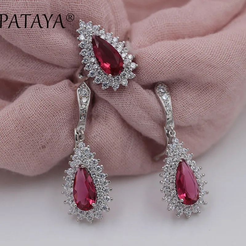 rose red PATAYA, Женский Солнечный свадебный ювелирный набор, Настоящее Белое золото, винтажные ювелирные изделия, темно-синие капли воды, натуральный циркон, серьги, кольца, наборы - Окраска металла: rose red