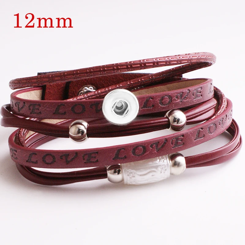 

6 colors Hot sales Vintage fashion LOVE leather 12mm snap button bracelet DIY BR891