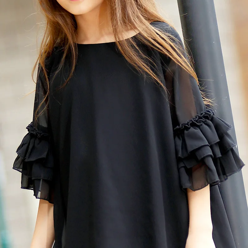 2019 Kids Dresses For Girls Summer Dress Black Chiffon Teenage Princess Fashion Big Girl Clothes for Children 6-16 Years | Детская