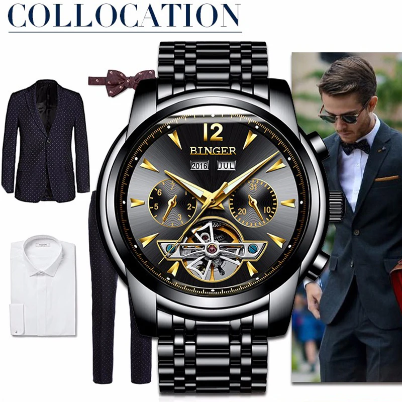 Серебристо-синие мужские часы BINGER Tourbillon крутые механические Автоматические со