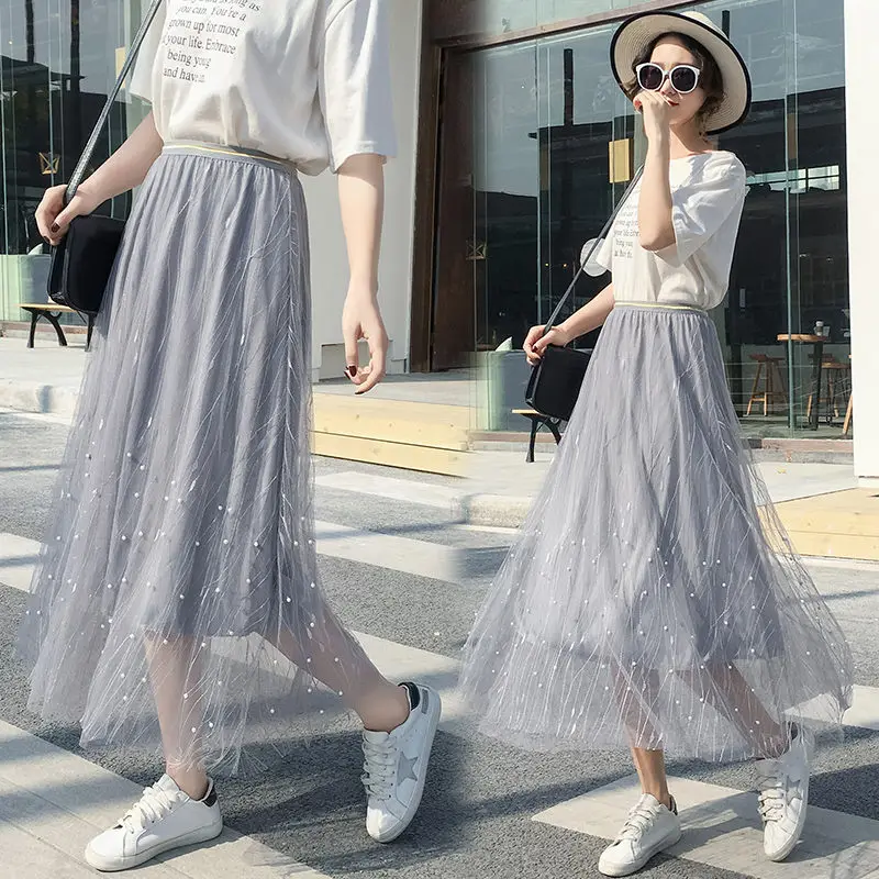Fashion New Women Summer Tulle Long Skirt High Waist Apricot Chiffon Loose Casual Beading Lace Mesh Pleated Skirts Womens | Женская