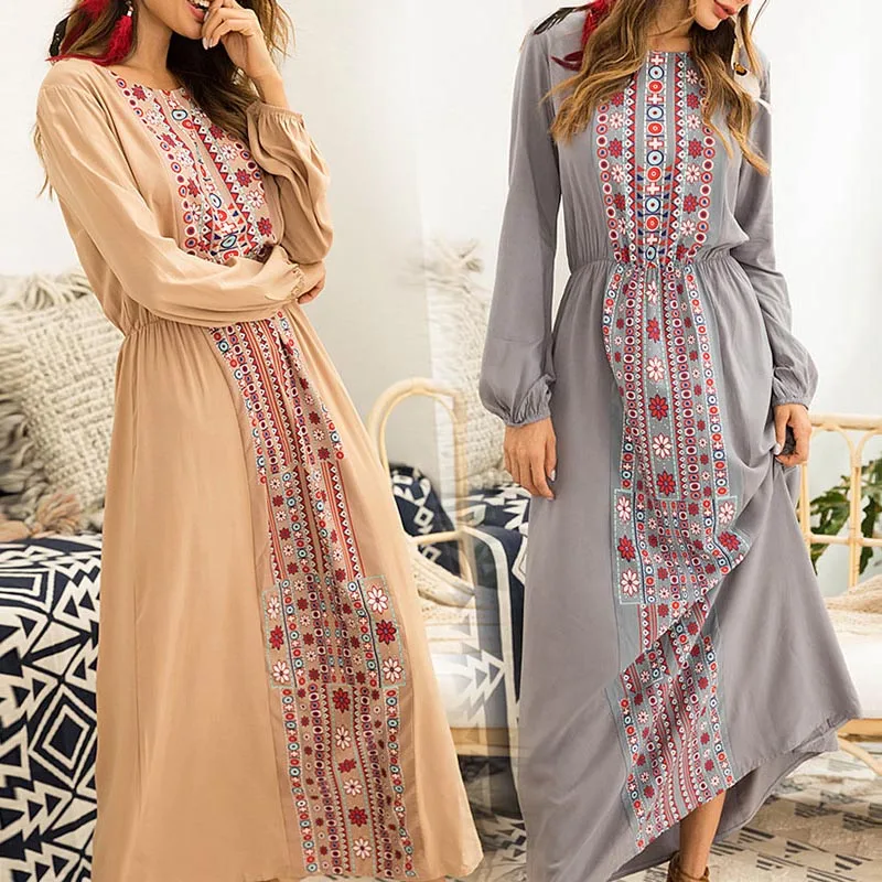 Недавно Для женщин Boho Maxi Dress Винтаж с принтом длинными рукавами круглым вырезом