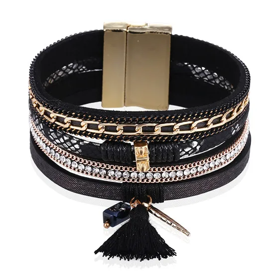 black tassel HOCOLE, модные, драгоценные камни, стразы, магнитные, кожаные браслеты, богемные, ручная работа, многослойные, wrap, ювелирные изделия для женщин, подарок, pulseira - Окраска металла: black tassel
