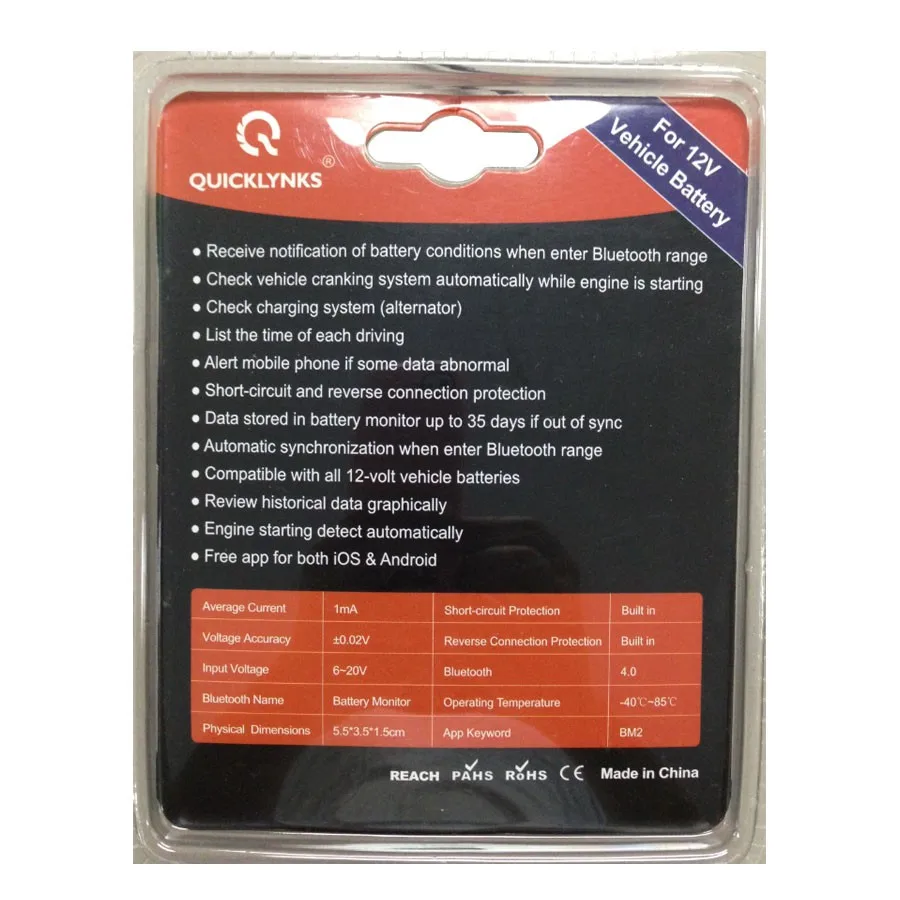 Монитор аккумулятора QUICKLYNKS BM2 Bluetooth 4 0 тестер для всех автомобилей 12 В приложение