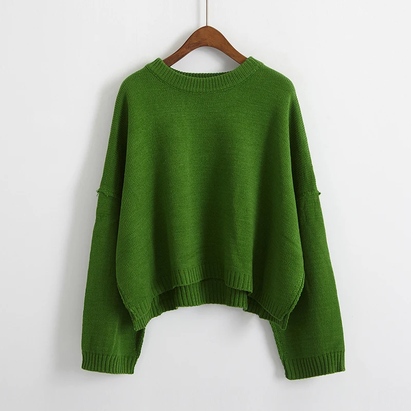 Autumn Loose Short Sweaters for Women Knitwear Pullover Lady's Casual Round Neck Wide Sleeve Split Knit Jumper Cropped Sweater | Женская