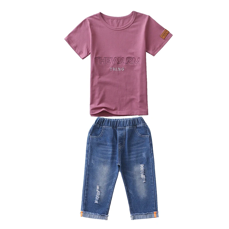 FYH Summer Kids Clothing Boys Short Sleeve T-shirt+Denim Pants Children Cotton T-shirt+Pants 2pcs School Clothes Suit 5-14Y |