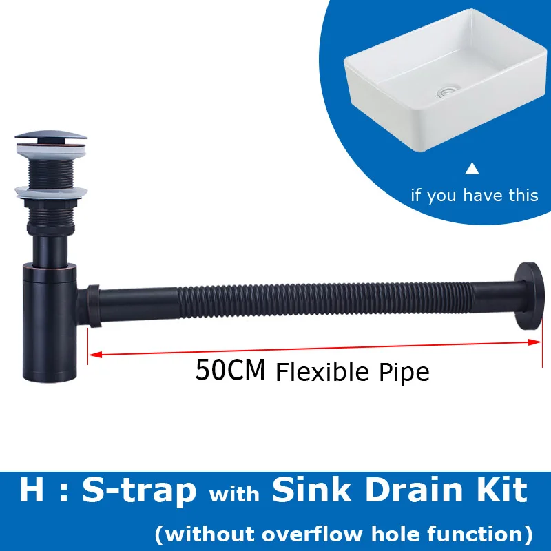 H S-trap with Drain Латунная бутылка P-Trap раковина слив, сосуд Раковина S-Trap комплект с гибкой трубой, классическая черная коллекция для домашнего дизайнера - Цвет: H S-trap with Drain