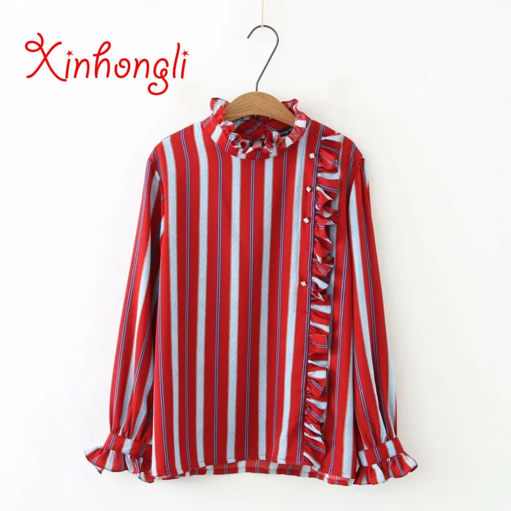 

Plus size Ruffles Collar Striped women loose chiffon blouse 2019 spring autumn casual ladies long sleeve shirts female tops