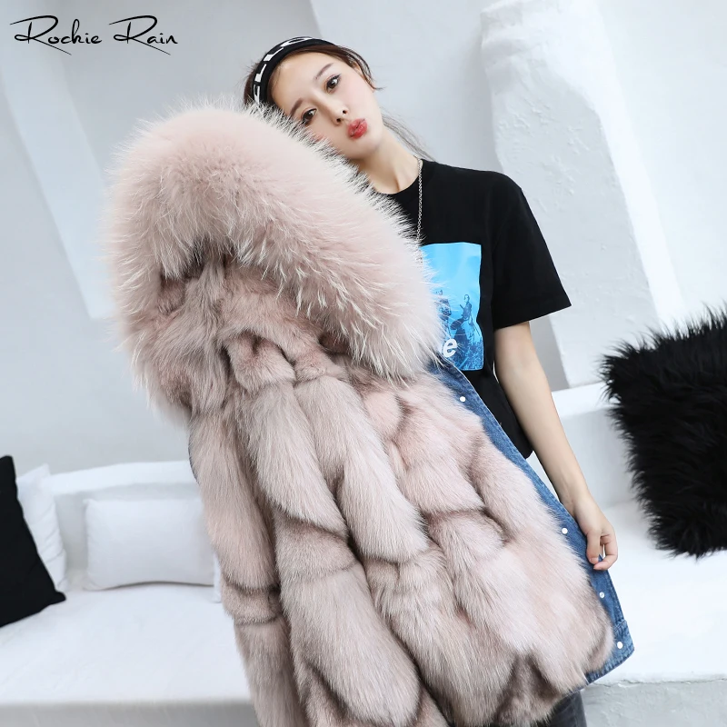 Для женщин Fox Fur Lined Denim парка пальто съемной меховой подстежкой Женская с длинным