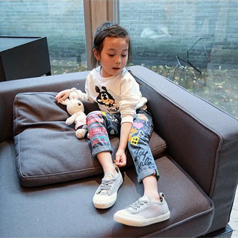 Детские брюки с мультяшным рисунком Длинные повседневные джинсы для девочек 2 8