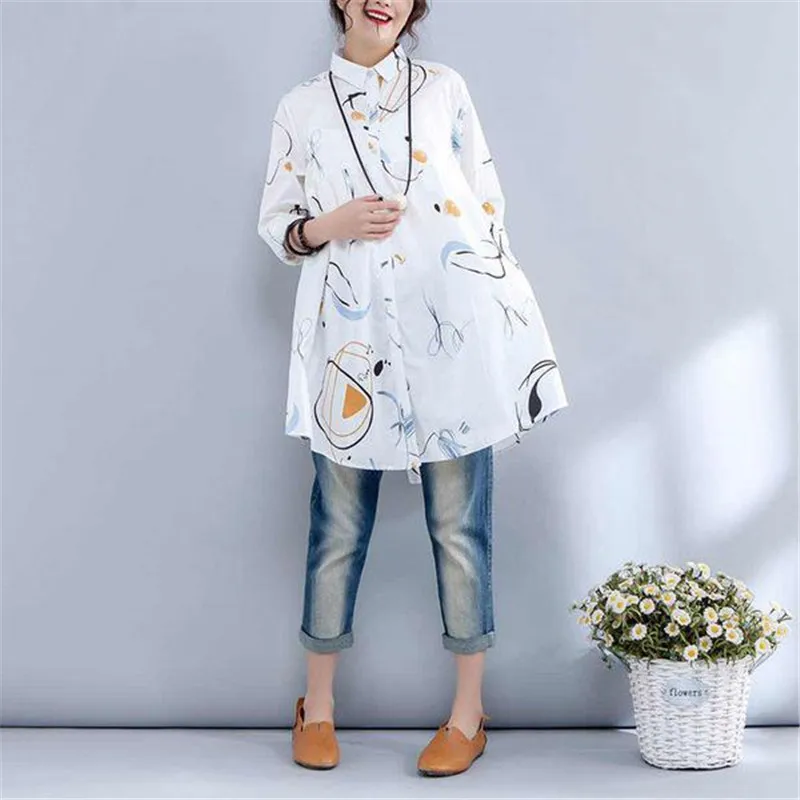 BUYKUD Casual Plus Size Cotton Blouses 2018 New Elegant Printed Pocket Tops Vacation Single Breasted Polo Collar Buttons |