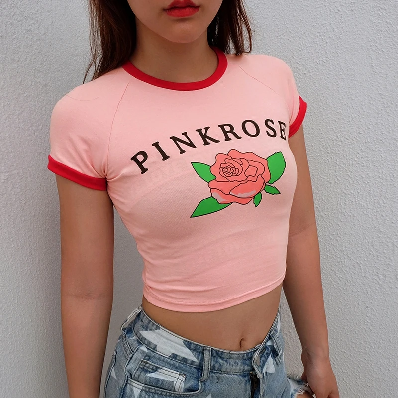 

2019 new slim short red piping contrast color round neck short sleeve rose print T-shirt navel high waist shirt female summer