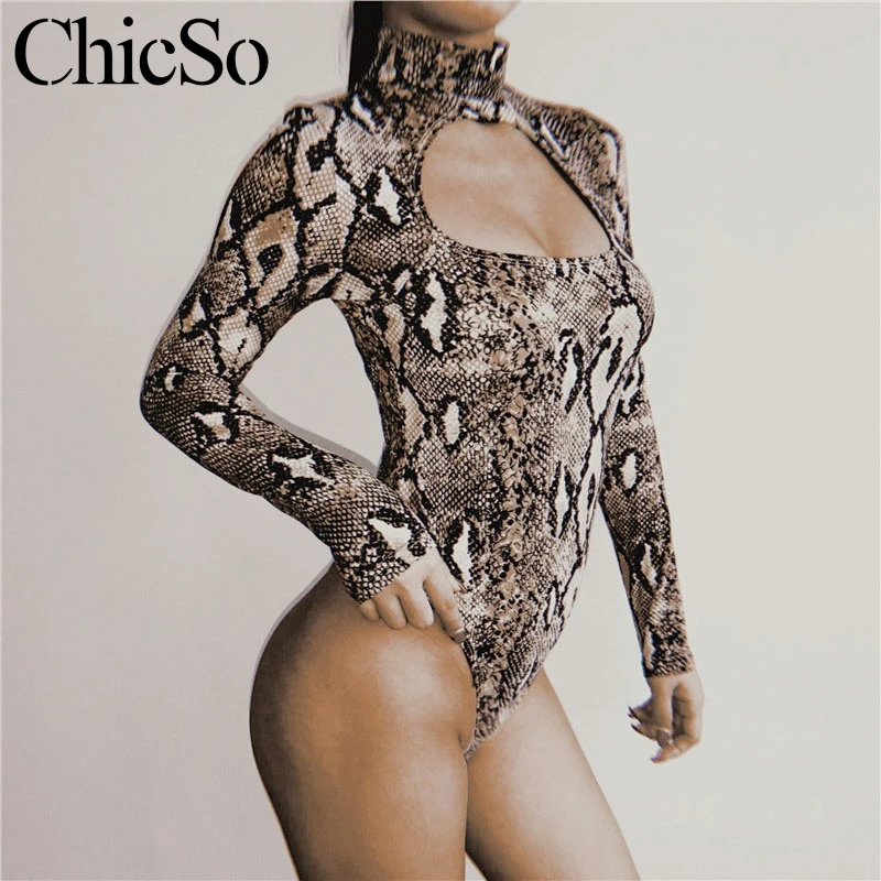 Missychilli Snake print long sleeve bodysuit Women winter one-piece sexy Autumn hollow out playsuit rompers overalls |