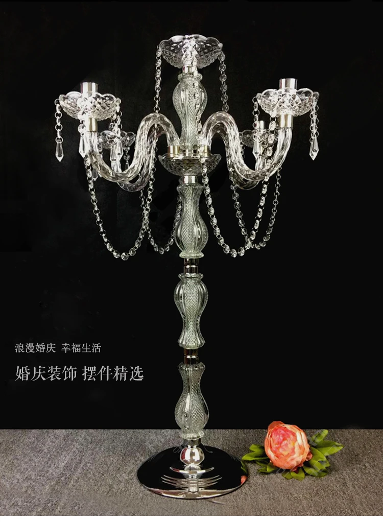 

90cm Tall Acrylic 5-arms candelabras with pendants wedding candle holder Table centerpiece 10pcs/lot