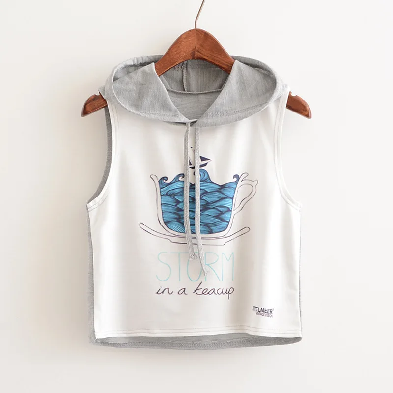 Women's 2019 summer new wind cup in the boat and letter printed hooded fashion short ladies vest T-shirt top tide | Женская одежда