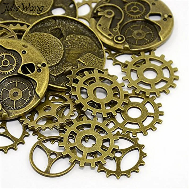 Julie Wang 25PCS Wholesale Bronze Tone Gear Clock Watch Pendant Charm Accessories Mix Sale Handmade Craft Punk Stylish Jewelry