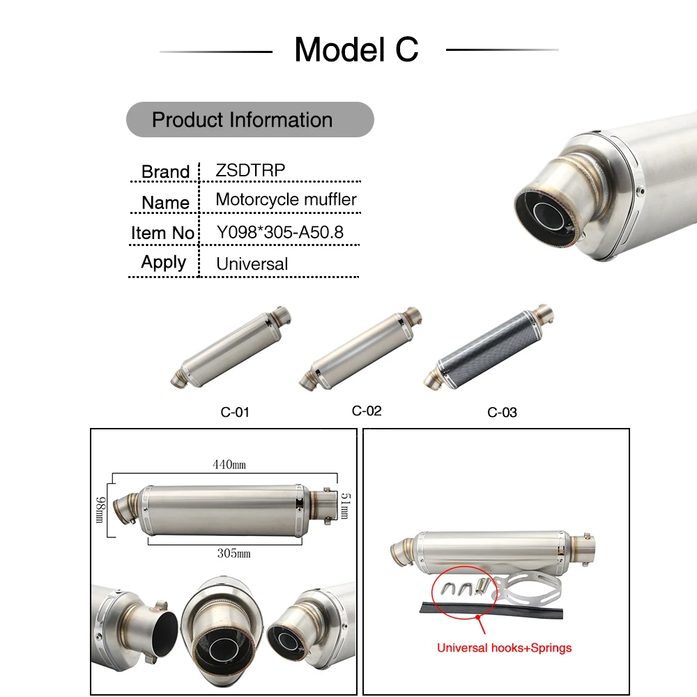 

ZSDTRP Universal Stainless Steel 38-51MM Exhaust Muffler Pipe Slip-On with Removable DB Killer for Scooter Motor Dirt Bike