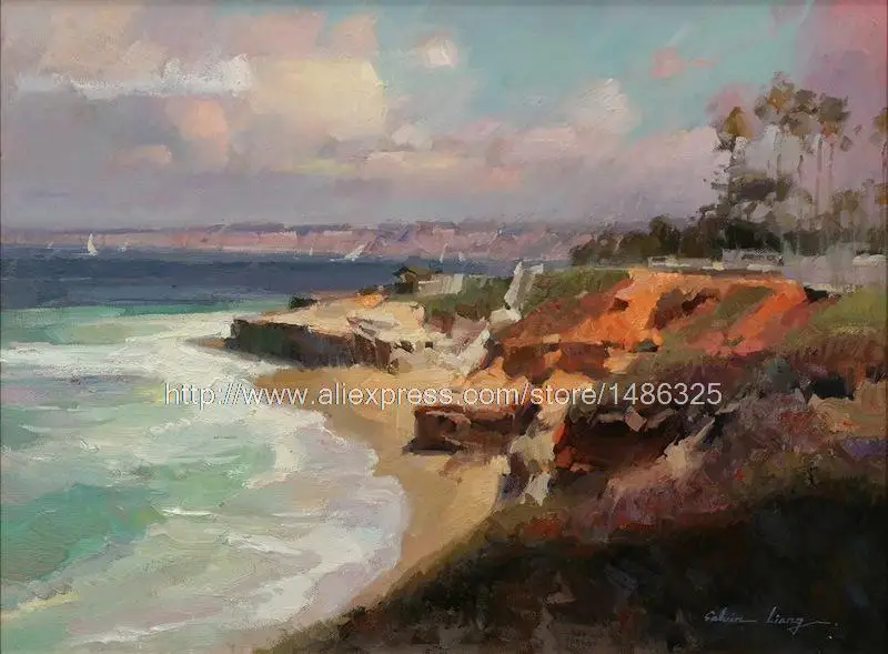 100% Hand Painted Boss Gifts Decor Christmas Large Canvas Art Cheap Seaside Landscape Painting Free Shipping | Дом и сад