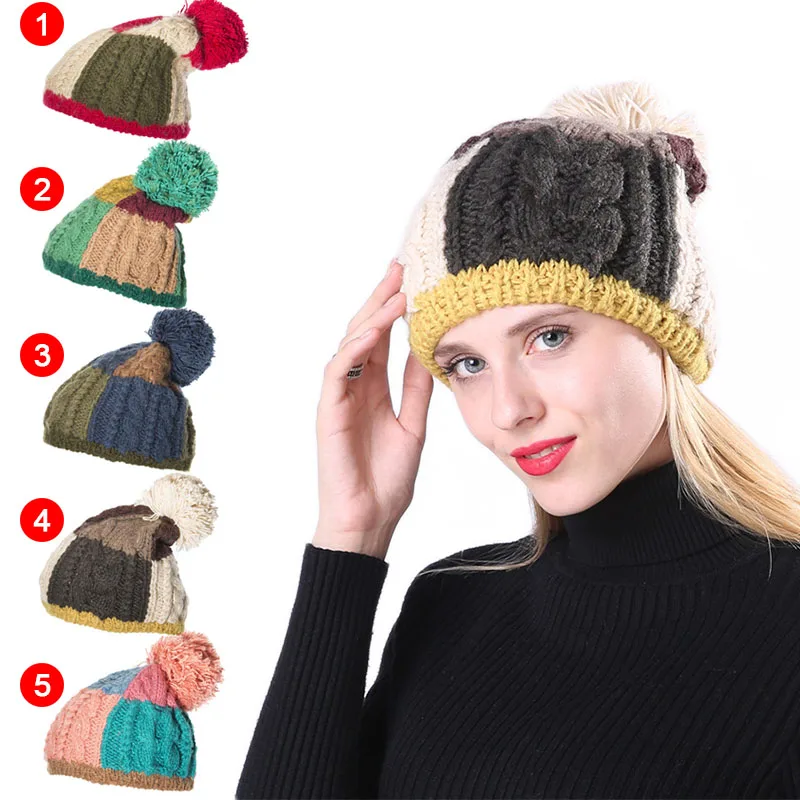 Новые женские теплые шапки с помпонами Цветные Лоскутные толстые вязаные