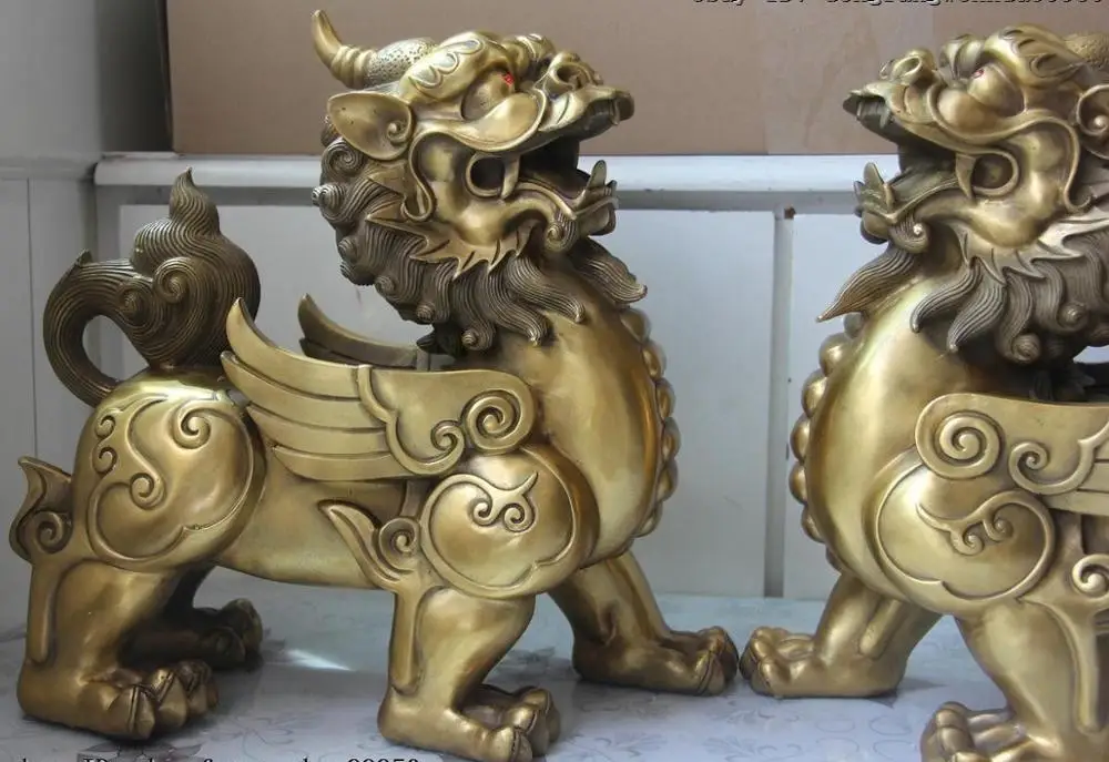 Китайский дворец Латунь Медь Pixiu Храбрые войска Собака Лев Статуя KIRIN пара | Дом и