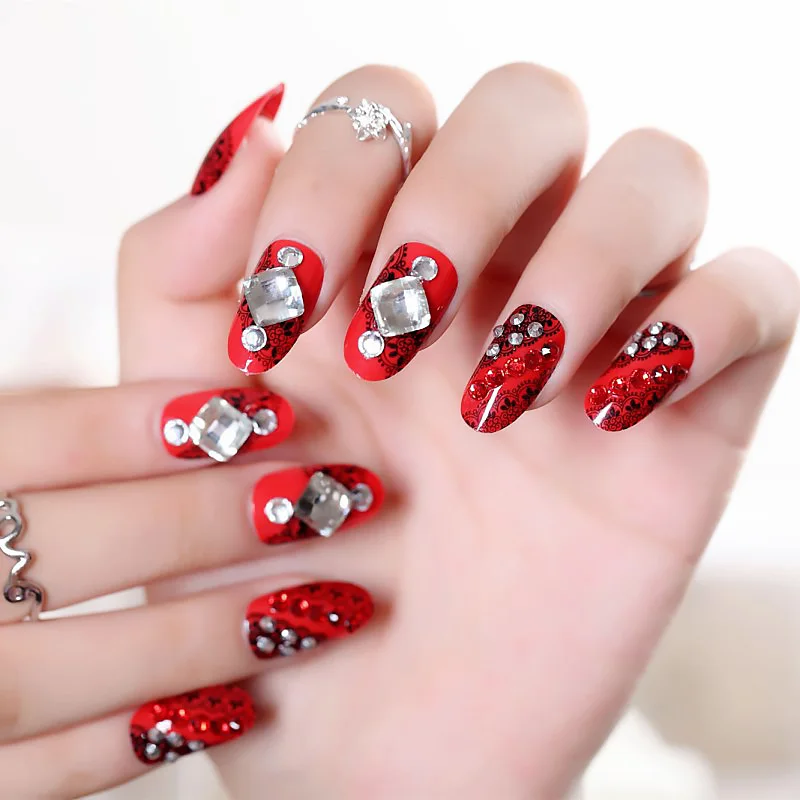 Women DIY Long Size Wedding False Nail Red Color Sexy Art Tips with Glue Shining Rhinestone Indian Fashion Fake Nails | Красота и