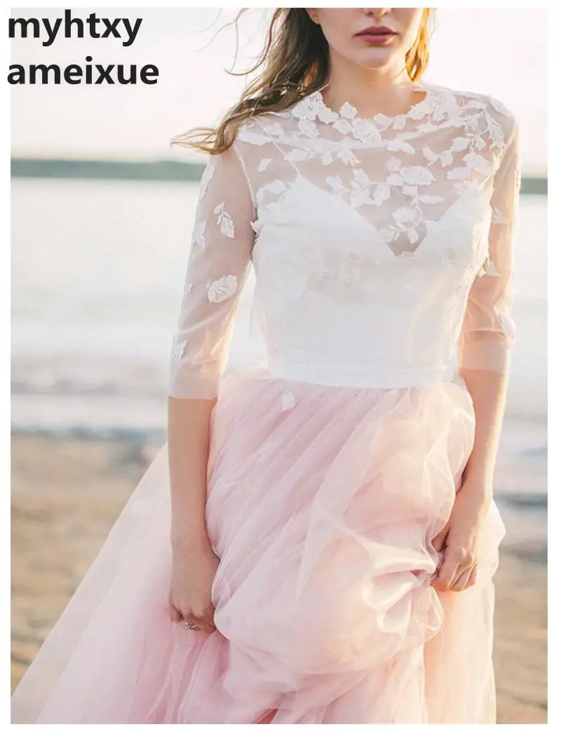 

Sexy Pink Boho Half Sleeves Wedding Dress 2020 Robe De Mariee Vintage Lace Top New Bridal Dress Puffy Chiffon Wedding Dresses