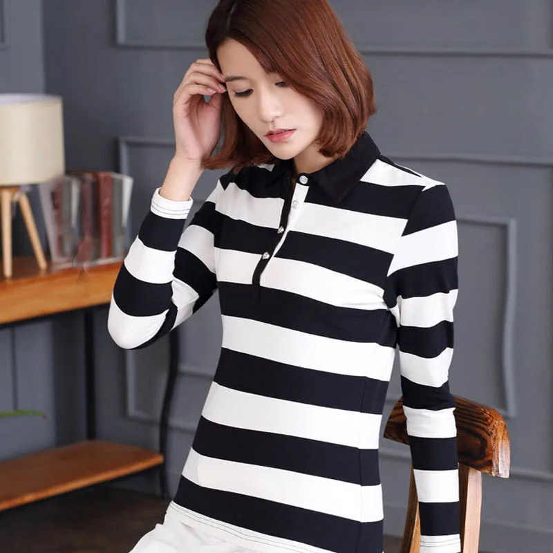 Женские рубашки поло в полоску с длинным рукавом повседневные хлопковые модные