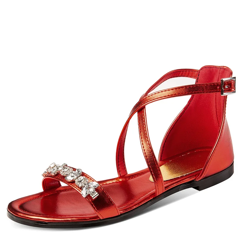 Large size Flat Sandals For Women Casual Flat Heels Summer Shoes Woman Luxury Rhinestone Green Gold Silver Ladies Beach Shoes - Цвет: Красный