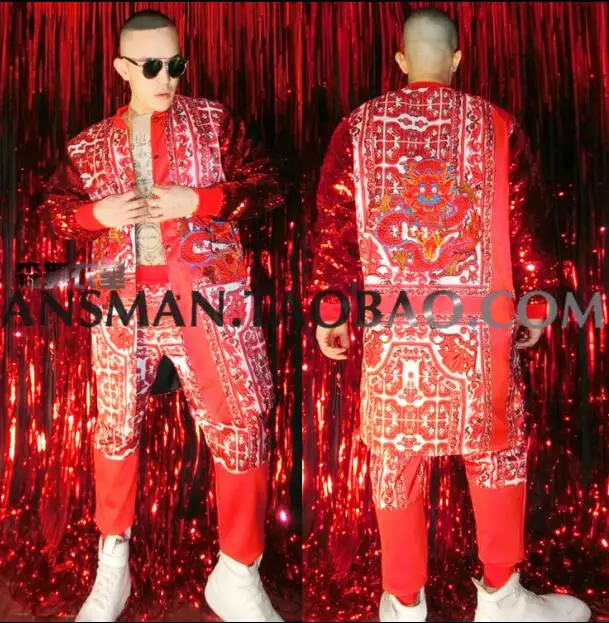 

Custom Bar Nightclub Male Singer DJ DS Chinese Style New Year Satin Embroidered Robe Loose Jacket Costume Set