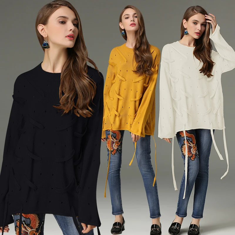 DALMAZZO 2018 Newest Autumn Women Office Lady Runway Holes Loose Sweaters Thick Wool Knitted Pullovers Flare Long Sleeve Sweater | Женская