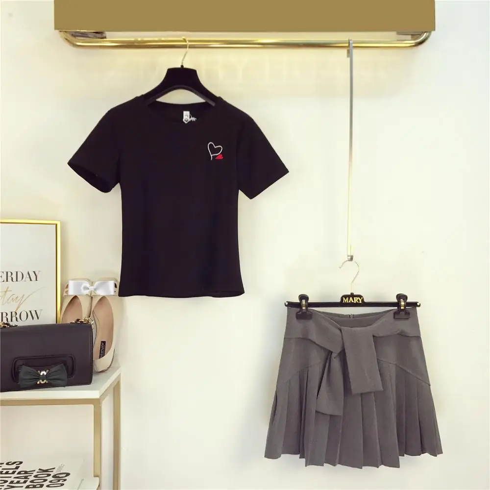 2019 летние женские футболки с короткими рукавами + плиссированная юбка комплекты