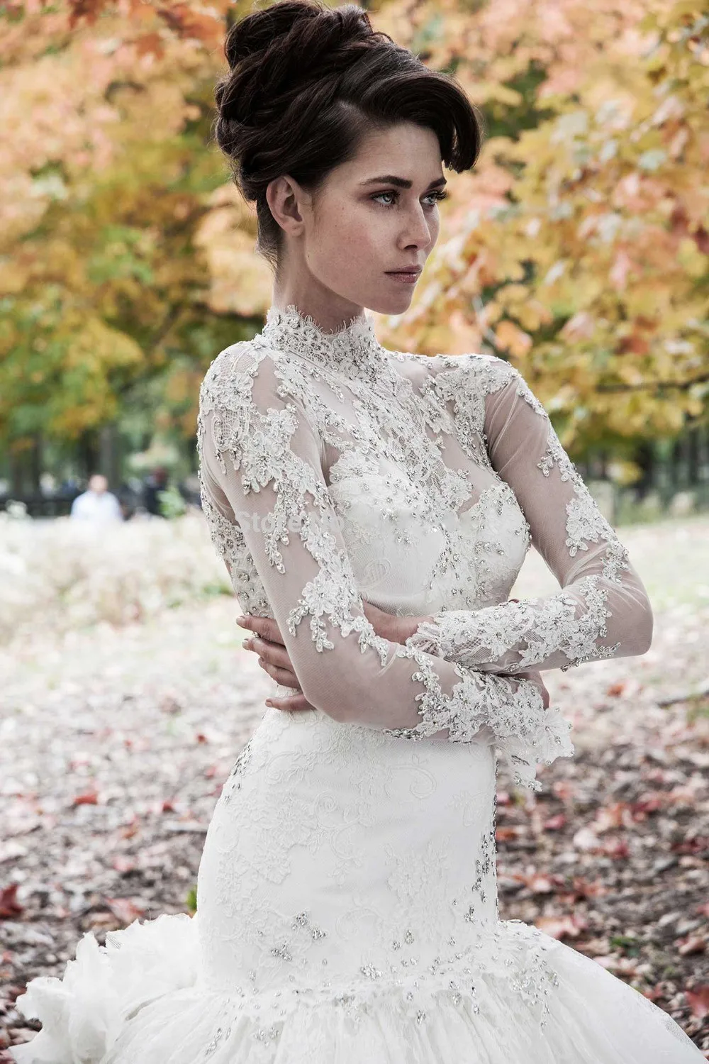 Романтический длинные свадебные платья 2017 Высокая Шея рукава аппликации кружева