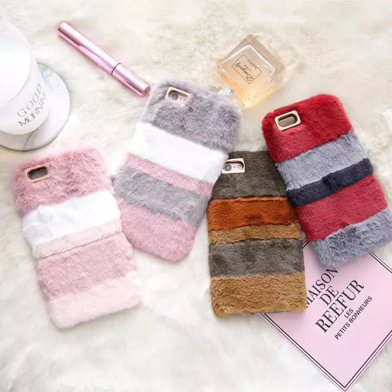 Case for iPhone X XR XS Max Wrist strap 3D Rabbit Furry fluffy 7 Warm cover 6 6S 8 Plus 5S Phone |