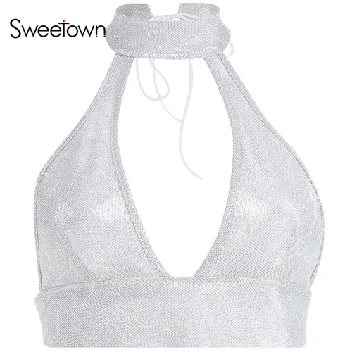 white Sweetown, белый блестящий Летний Топ для женщин,, на тонких бретелях, без косточек, короткий топ, воротник-чокер, открытая спина, сексуальные, бандажные, вечерние топы - Цвет: white
