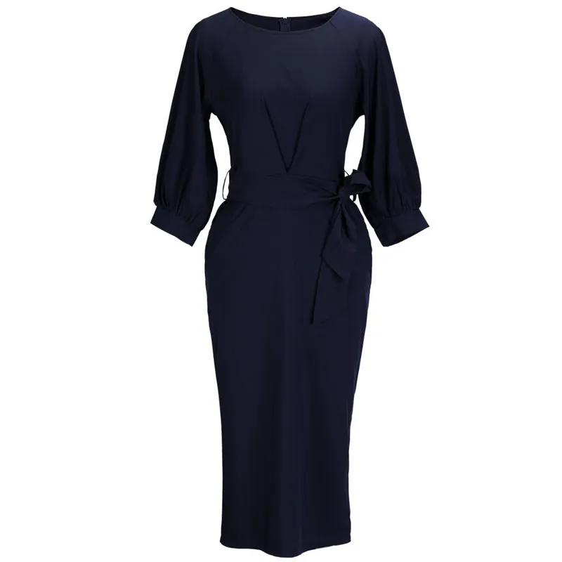 Новый Для женщин носить на работу темно-синий по колено Vogue Офисные наряды 3/4