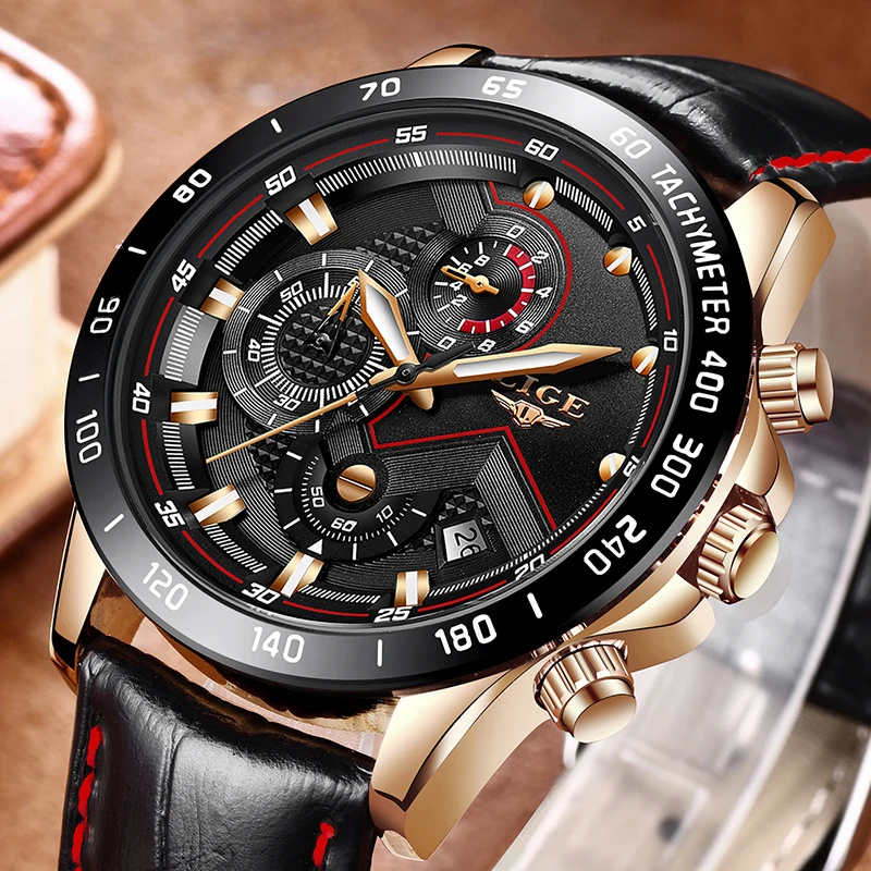 LIGE Fashion Top Luxury Brand Sport Watches Male Quartz Wrist Watch Men Leather Military Waterproof Clock Mens Relogio Masculino