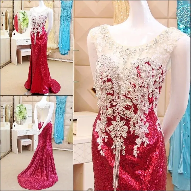 Mermaid Sequin Tulle Crystal Beads Elegant Wine Red Evening Dresses 2021 New Arrival Party Prom Dress Evening Gowns ZX11M