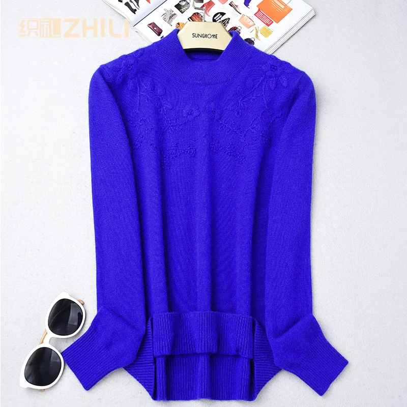 

Pure cashmere sweater handmade embroidered slim pullover turtleneck knitted sweater female