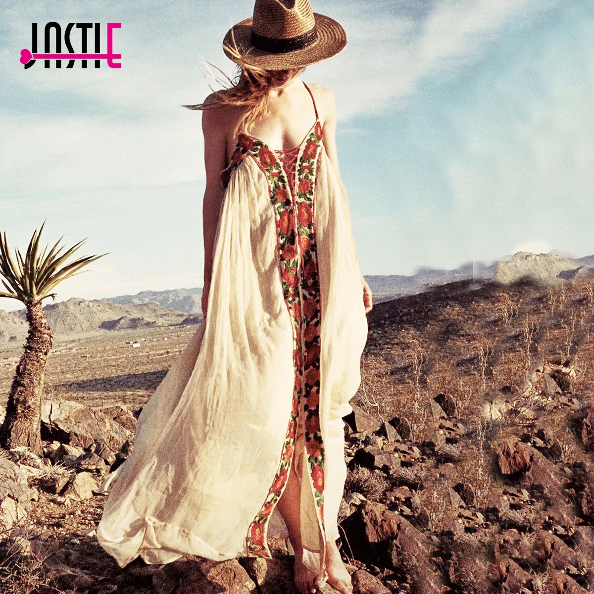 Jastie Free-Flowing Maxi Dress Floral Embroidery Boho Dress V-Neck Lace-Up Strapless Sexy Dresses Hippie Chic Women Vestido Robe