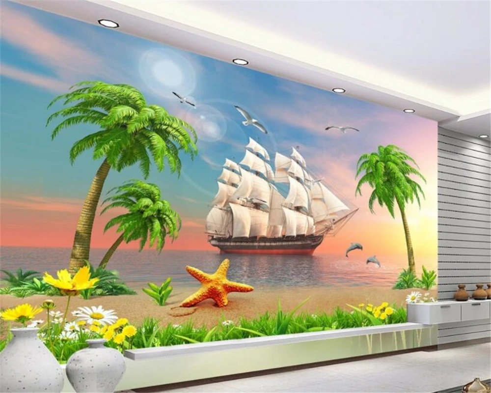 beibehang Custom High Quality Photo Mural Wallpaper Sunset Seascape Coconut Tree papel de parede 3d wallpaper tapety | Обустройство